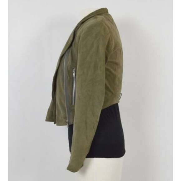 Whyred Suede Leather Moto Off Center Olive Green Zip Jacket Size 36 - Picture 4 of 11